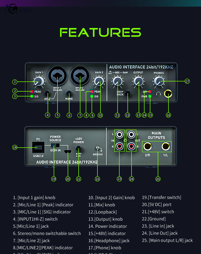 Professional Q24 USB Audio Interface Sound Card Mixing Computer Recording Box for Livestream Broadcast Musical Performance