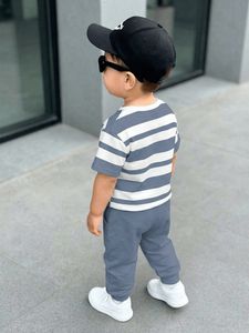 Ensemble 2 pièces en coton rayé pour bébés garçons, t-shirt et pantalon de survêtement à manches courtes, col rond, tenue d'été décontractée avec imprimé cheval - Product Image 2