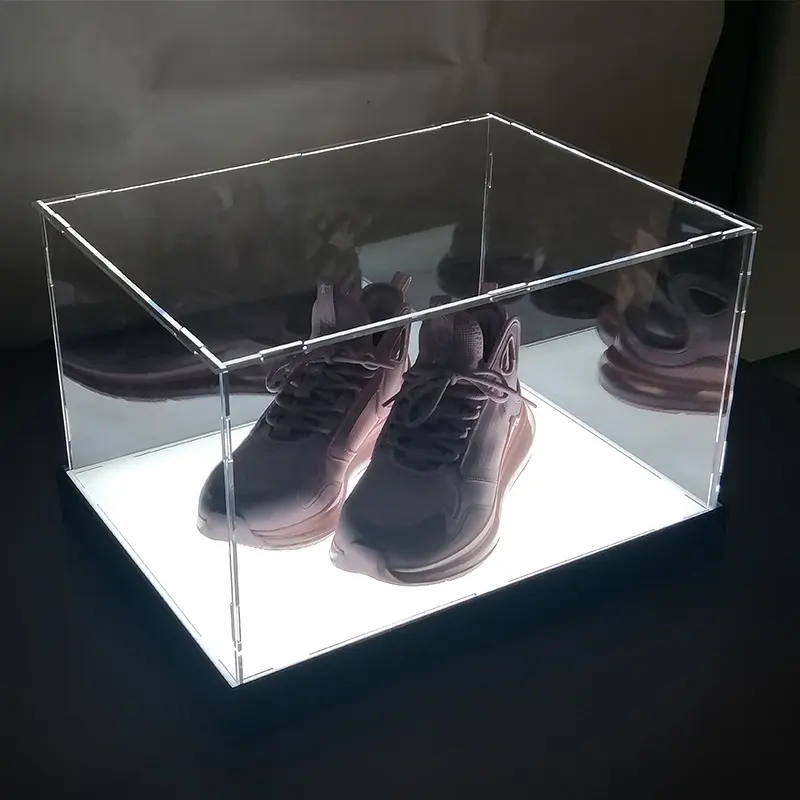 Desk Table Top Custom LED Base Clear Plexiglass Shoe Pair Display Case Transparent Acrylic Shoes Box