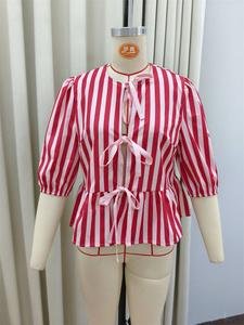 เสื้อเชิ้ตแขนห้าส่วนผูกโบว์ลายทางสำหรับผู้หญิงใหม่ - Product Image 5