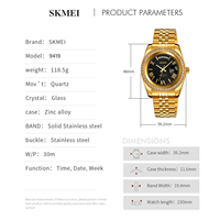 Reloj de Cuarzo de Moda Skmei Modelo 9419, Reloj de Pulsera Dorado de Acero Inoxidable para Hombre de Negocios, Resistente al Agua, Fábrica de Relojes China