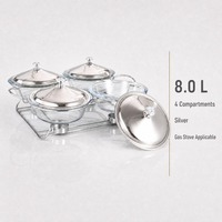 Plat de service en verre à 4 compartiments avec brûleur à alcool, chauffe-plat de buffet, couvercle en acier inoxydable pour hôtel, restaurant, mariage
