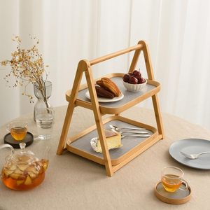Estante de almacenamiento de escritorio de doble capa de bambú y madera, soporte plegable para exhibición de postres, pastelería, servicio de té, organizador multiusos - Product Image 1