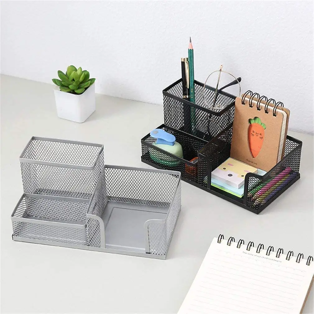 Three Pen Holder Office Supplies Storage Organizer with 3 Compartments for Desk Organizer Accessories Silver Black