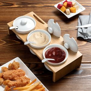 Поднятый витринный поднос из массива акации, 3 керамические Формочки с крышками, набор для подачи приправы из дерева акации - Product Image 3