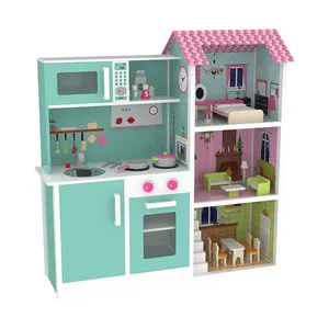 Neues Design Spiels pielzeug Holz spiel 2-in-1 Küche Baby puppenhaus für Kinder mit Möbeln