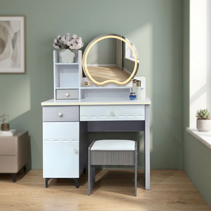 Modern Makeup <b>Vanity</b> <b>Table</b> with Lighted Oval <b>Mirror</b> and Storage Drawers for Bedroom Furniture - Product Image 3