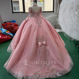 Robe de Quinceañera de luxe rose Mc037, robe de demoiselle d'honneur, corset perlé argenté, robe de bal illusion, appliques en dentelle, Sweet 15 Jancember - Product Image 6