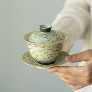 Peint à la main Xiangyun Sancai Design bleu blanc silex rouge sous glaçure bol à thé en céramique Style Vintage Kung Fu ménage <span class=keywords><strong>Gaiwan</strong></span> - Product Image 1