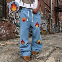 Pantalon de jogging ample bleu clair OEM pour homme, avec patch chenille multi-flammes et cordon de serrage, style streetwear évasé