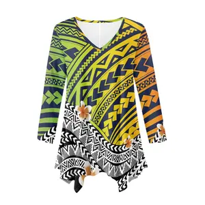 Polynesian Custom Plus Size Tops for Women Long Sleeve Shirts Casual Summer Autumn Clothes V Neck Irregular Tunics for Leggings