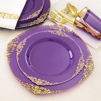Customizable Transparent Purple Dragon Disposable Tableware Set PS Hard Plastic Gold Rim Relief Plate Dust-Free Paper Wine
