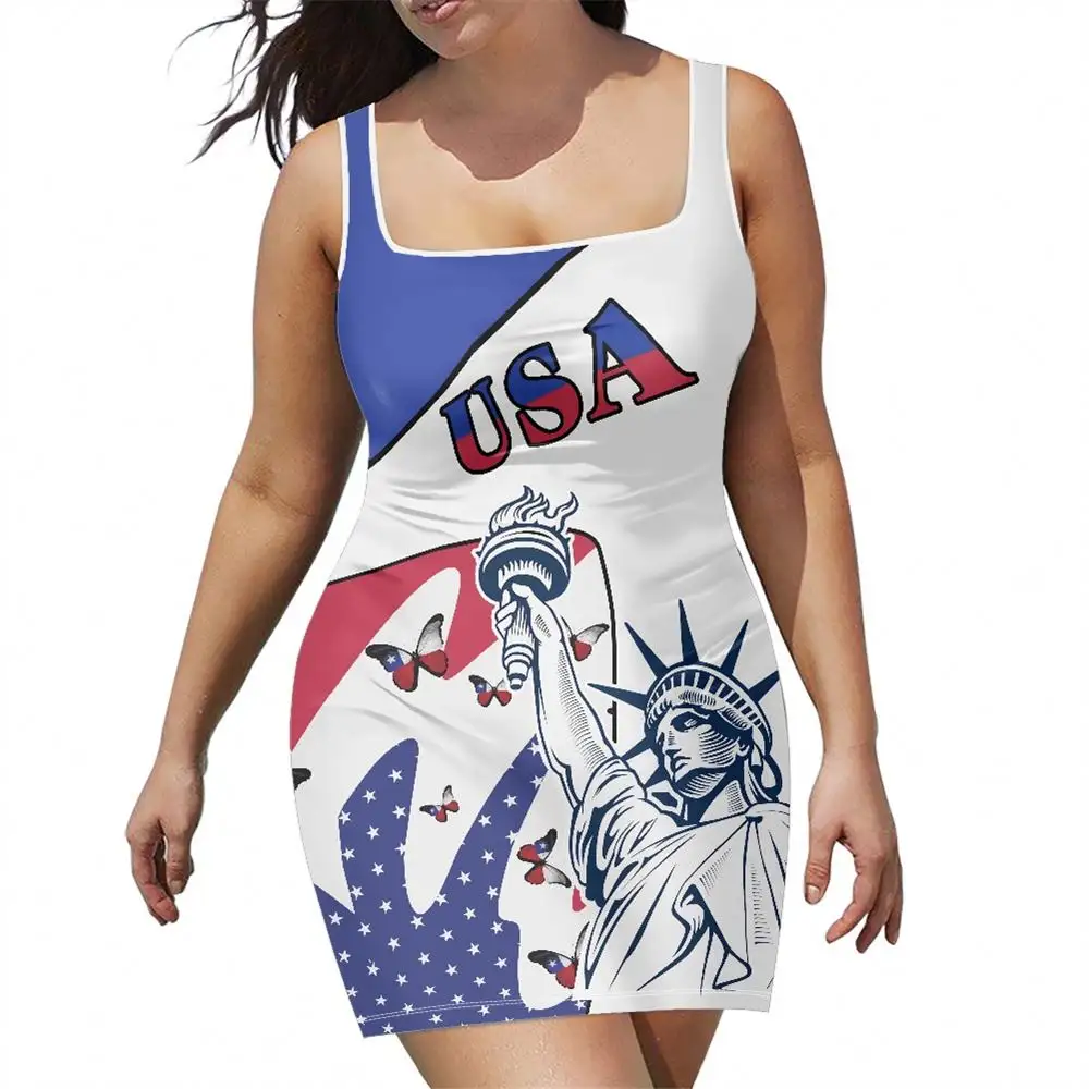 Vêtements drapeau USA personnalisé Statue de la liberté Image imprimée bleu blanc Sexy photos de filles robe Spaghetti femmes