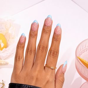 <span class=keywords><strong>Uñas</strong></span> Postizas de Acrílico ABS, Color Azul <span class=keywords><strong>Polvo</strong></span> Francés, Elegantes y Modernas, Cobertura Completa, Pegamento <span class=keywords><strong>para</strong></span> <span class=keywords><strong>Uñas</strong></span>, Longitud Media, Alta Calidad, Venta al por Mayor - Product Image 1