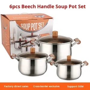 ชุดเครื่องครัว 6 ชิ้น ทำจากสแตนเลสหนา ด้ามจับไม้บีช พร้อมฝาแก้ว ใช้ได้กับเตาทุกประเภท ความจุขนาดใหญ่ - Product Image 3