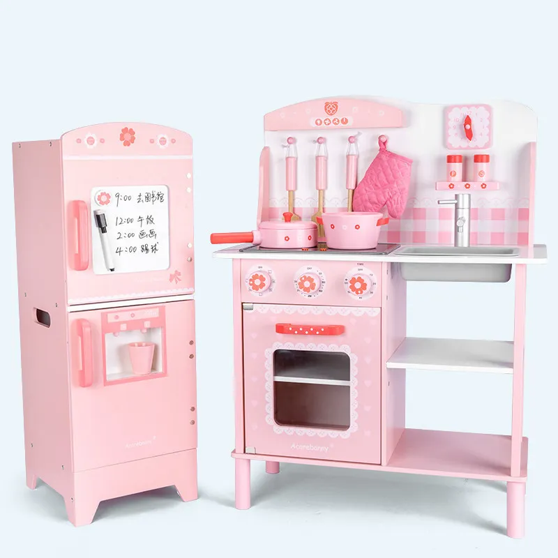 New Design Girls Toys Kitchen Set Wooden Play Kitchen Pink Kitchen For Children