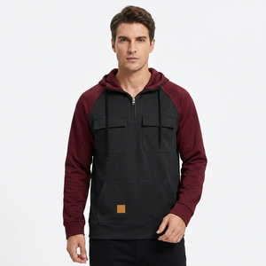 <b>Men's</b> Hooded Quarter Zip Sweatshirt Raglan Sleeve Fleece Black <b>Maroon</b> Solid Color Front Pocket Casual Autumn Wear Bangladesh - Product Image 4