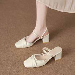 Nuovi Sandali Estivi da Donna <span class=keywords><strong>con</strong></span> Punta Quadrata e <span class=keywords><strong>Tacco</strong></span> Grosso, Design <span class=keywords><strong>con</strong></span> Perle e Arricciature, Indossabili in Due Modi, per Appuntamenti, Ufficio e Uso Quotidiano - Product Image 1