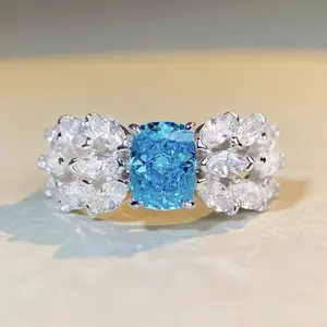 Vintage Jewelry 2 Carats Diamond Jewelry AAAAA Blue Cubic Zircon Cluster Personalized Wholesale Price Wedding Silver Rings