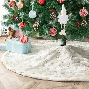 Faux Fur Sequin Snow Pattern Tree Skirt Large Plush Christmas Tree Skirts Xmas Tree Base Cover Mat with Gold&Silver Snow Sequins