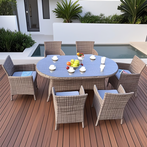 Mây Nâu Bộ Ăn Uống ngoài trời | bàn kính hình bầu dục, đệm hỗn hợp | Vườn cỏ sân sau sử dụng - Product Image 2