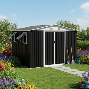 Abri <span class=keywords><strong>de</strong></span> jardin marron 12x10 pieds avec <span class=keywords><strong>porte</strong></span> coulissante et 4 fenêtres, abri <span class=keywords><strong>de</strong></span> rangement extérieur en métal à <span class=keywords><strong>toit</strong></span> en pente - Product Image 1