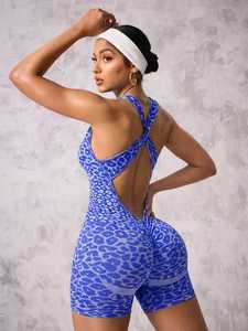 Body de moda para mujer sin mangas con estampado de leopardo, espalda cruzada, efecto levantacola, secado rápido, cuello redondo, diseño hueco, largo hasta la rodilla, para gimnasio y deportes - Product Image 5