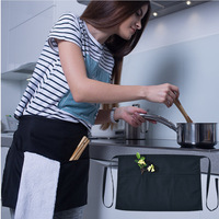 Celemek Pendek 3 Kantong 2 Kantong Custom Hitam Katun Poliester untuk Pelayan Wanita/Pria di Dapur/Kedai Kopi