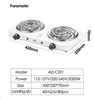 Cuisinière électrique portable 2000 W, idéale pour la cuisine domestique, durable, double brûleur, température réglable, petite cuisinière électrique