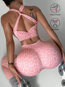 Vêtements de <span class=keywords><strong>yoga</strong></span> pour femmes de style européen et américain, imprimé léopard, dos croisé, sans couture, adaptés au fitness et au sport - Product Image 5