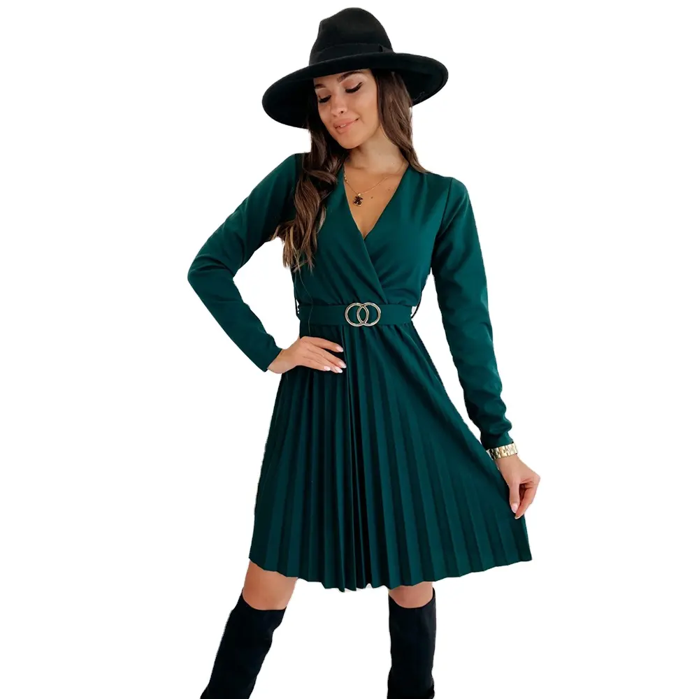 2022 Wholesale Spring Autumn Europe women Cross V-neck elegant dress solid color long sleeve pleated causal dress with belt