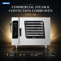 Horno Combinado Comercial de 6 Bandejas con Limpieza Automática, Sonda para Carne, Vaporización, Horneado, Convección por Aire Caliente y Velocidad del Viento Ajustable