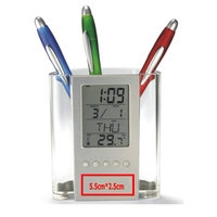 Porte-stylo publicitaire en plastique avec calendrier électronique, horloge et logo publicitaire - Horloge de bureau, calendrier et porte-stylo