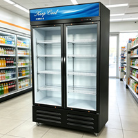 Réfrigérateur commercial vertical à porte vitrée, cadre argenté avec éclairage blanc et commande numérique pour supermarché et salle d'exposition