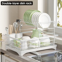 Rak pengeringan mangkuk piring dapur, logam cor tingkat ganda multifungsi dengan papan pengering dan rak penyimpanan