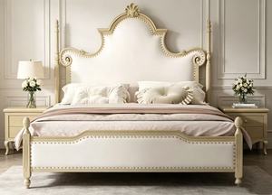 Premium <b>Queen</b> <b>Size</b> Light Wood Spindle <b>Bed</b> With Cream Upholstered Nailhead Ornate Carved Headboard For Bedroom - Product Image 5