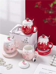 Regalos de Cumpleaños, Tazas de Cerámica con Diseño de Fresa Rosa, 460 ml, 15 oz, para Bebidas Frías, Café, Té, Leche, con Tapa y Cuchara - Product Image 3