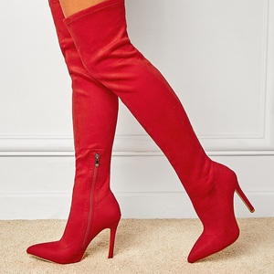 Botas de mujer de caña alta elásticas por encima de la rodilla con tacón fino y punta, color rojo intenso, para otoño e invierno 2025 - Product Image 3