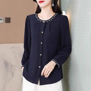Linen <b>Shirt</b> Women Long Sleeve Embroidered Navy Blue Solid Color Vintage Style Everyday Wear Cotton Fabric ZY-701 - Product Image 1