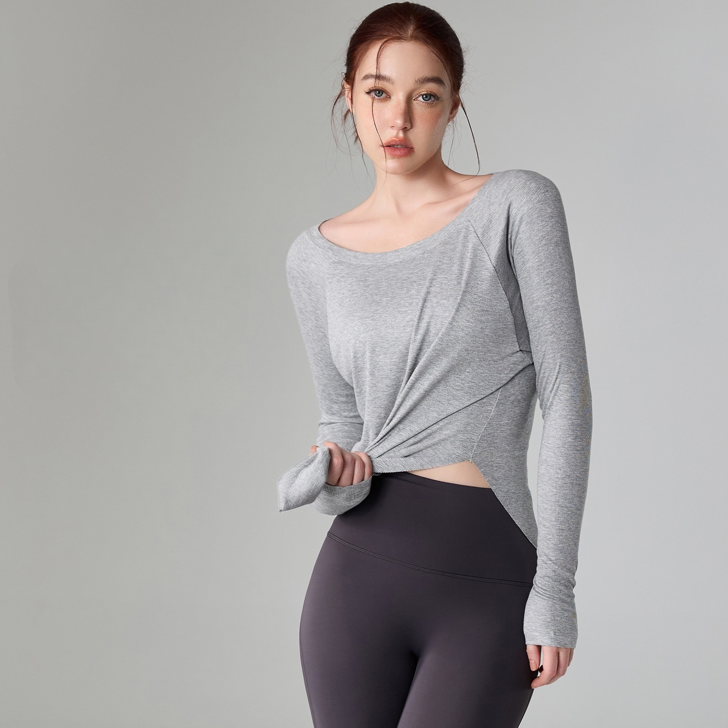 Base Layer Yoga Top with a Sexy Neckline a Stylish Long-sleeved Pullover for Sporty and Fitness Wear Running and Exercising.