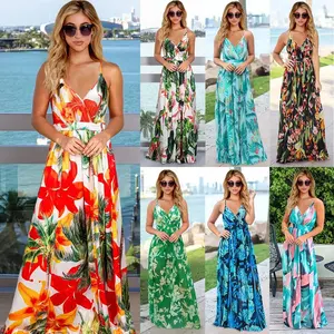 2023 mùa hè in v-cổ phụ nữ ăn mặc dân tộc không tay chắp vá Dài Phụ Nữ Maxi giản dị Dresses quần áo