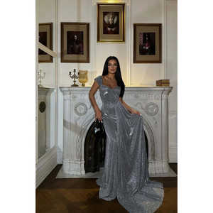 Grey Glittery A-Line Evening Dress with Tiered Rhinestone and Pearl Decorations Chic Simple Style Floor-Length Party Prom Dress - Product Image 5