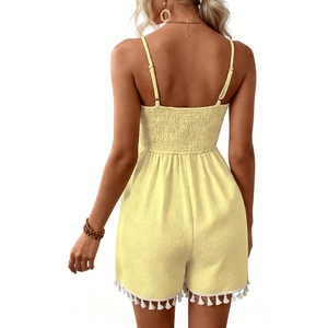 Women's Waffle Knit <b>Tie</b> Front Romper Spaghetti Strap Smocked <b>Back</b> Tassel Hem Casual Summer Jumpsuit for Vacation Fashion - Product Image 6