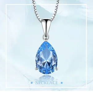 Simulate Blue Topaz Pendant Necklace for Women Water Drop Solitaire 925 Sterling Silver Chain Fashion Necklace for Women