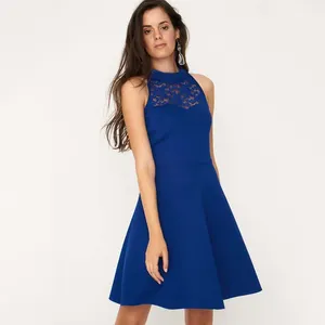 उच्च गुणवत्ता वाले फीता स्लीवलेस एक लाइन ब्लू शॉर्ट शाम शिफॉन वेस्टिडोस महिला सुरुचिपूर्ण ग्रीष्मकालीन आकस्मिक कपड़े
