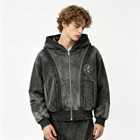 Dirty Spray Streetwear Sweat à capuche zippé gris foncé, délavé vintage, patchwork vieilli, coupe épaisse, avec bordure côtelée, pour homme