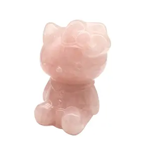 Wholesale natural crystal rose quartz hello kitty 5inch big size crystal craft carving rose hello kitty for home decoration