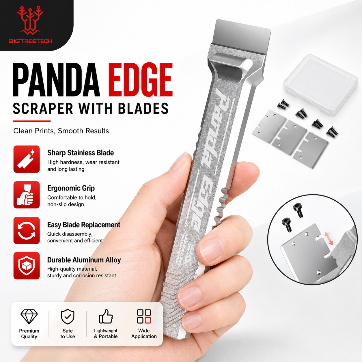 BIGTREETECH Panda Edge All Metal CNC Scraper With SK5 Blade For Bambu Lab Creality Voron 3D Printer Cleaning Tool