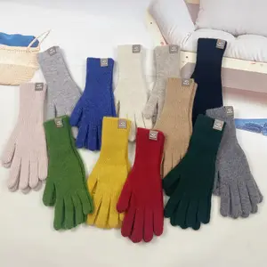Desain baru sarung tangan pemisah jari layar sentuh wol untuk wanita rajutan wol warna polos hangat
