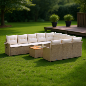 Conjunto de Sofás de Jardín de Ratán Beige, Muebles Plegables para Exteriores, Diseño Contemporáneo para 10 Personas - Product Image 2